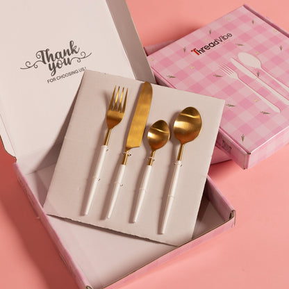 Gold Head Pvd Coated White-Powder Handle Stainless Steel Cutlery Set Of 4