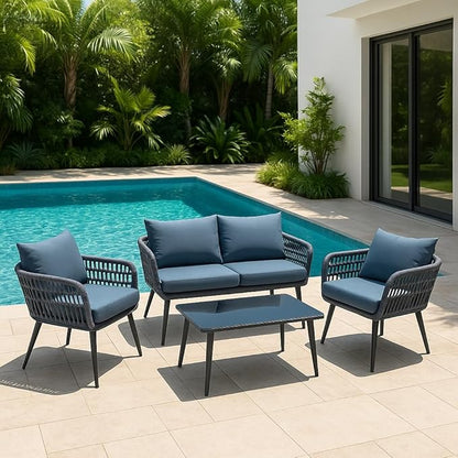 4-Piece Outdoor Rope Sofa Set – Gray Cushions, Waterproof Patio & Garden Furniture || OUT AREA FURNITURE