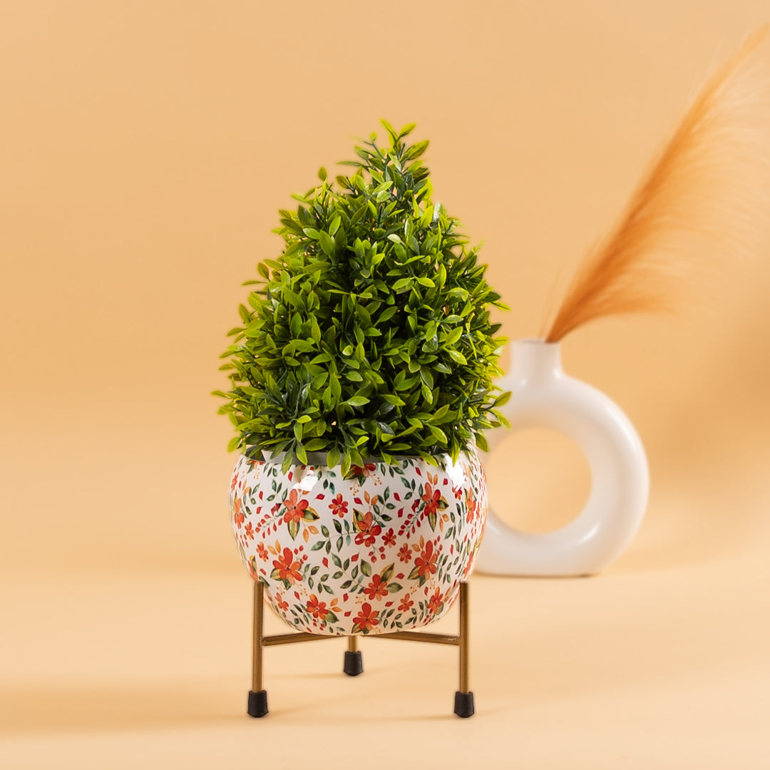 Round Iron Metal Meena Pots with Iron Stand in Floral Print