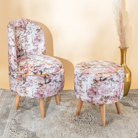 Ottoman Pouffes Print Chair and Stool Combo in Cherry Blossoms