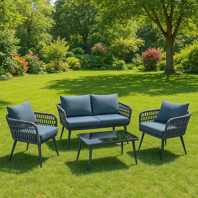 4-Piece Outdoor Rope Sofa Set – Gray Cushions, Waterproof Patio & Garden Furniture || OUT AREA FURNITURE