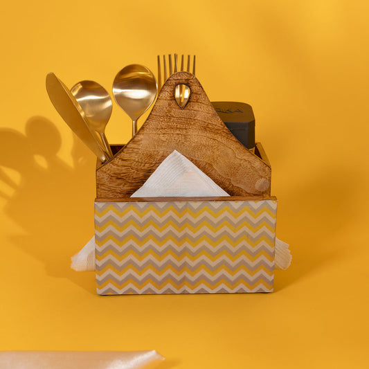 Hand-painted Mango Wooden Tissue & Cutlery holder in Yellow-Gray Hue Pattern