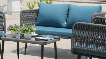 4-Piece Outdoor Rope Sofa Set – Gray Cushions, Waterproof Patio & Garden Furniture || OUT AREA FURNITURE