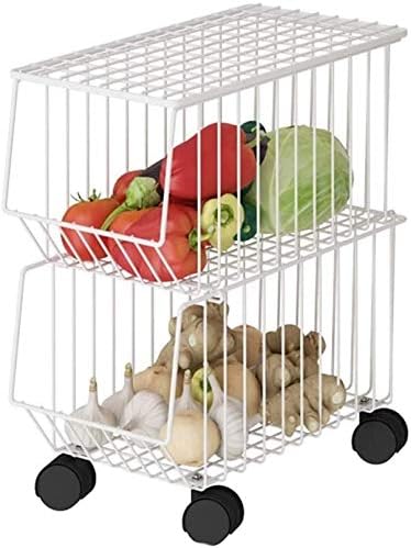 Stackable Rolling Metal Wire Basket With Wheels And Cover (2 Tier) In White For Kitchen Decor