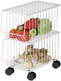 Stackable Rolling Metal Wire Basket With Wheels And Cover (2 Tier) In White For Kitchen Decor