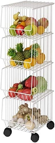 Stackable Rolling Metal Wire Basket With Wheels And Cover In White (4 Tier) For Kitchen Decor