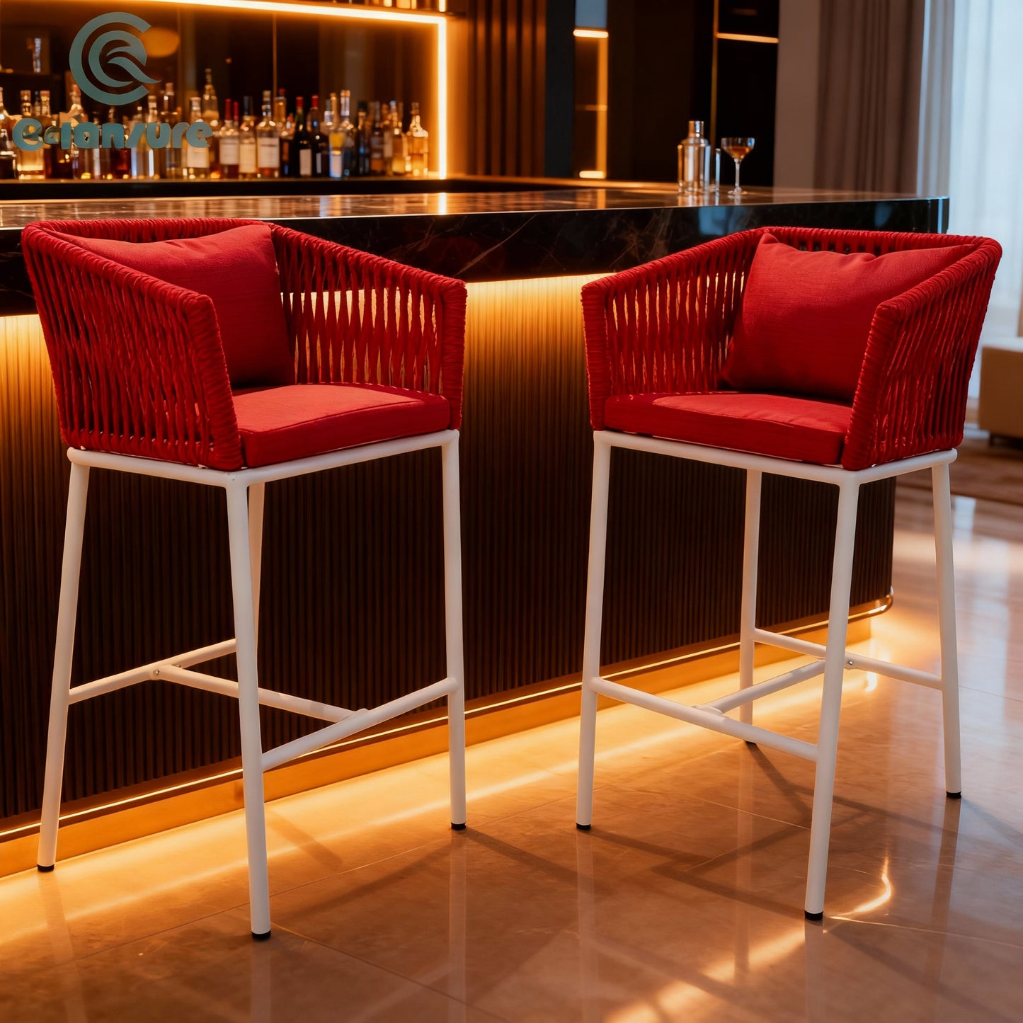2-Piece Outdoor Rope Bar Stool Set – High-Back, Red, Weather-Resistant Patio & Balcony Chair || Out Area Furniture
