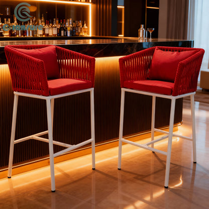 2-Piece Outdoor Rope Bar Stool Set – High-Back, Red, Weather-Resistant Patio & Balcony Chair || Out Area Furniture