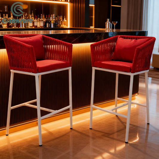 2-Piece Outdoor Rope Bar Stool Set – High-Back, Red, Weather-Resistant Patio & Balcony Chair || Out Area Furniture