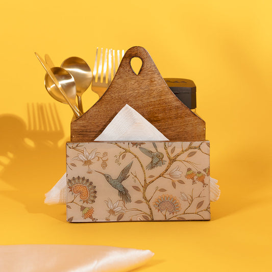 Hand-painted Mango Wooden Tissue & Cutlery holder in Birdflower Pattern