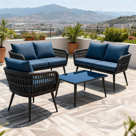 4-Piece Outdoor Rope Sofa Set – Gray Cushions, Waterproof Patio & Garden Furniture || OUT AREA FURNITURE