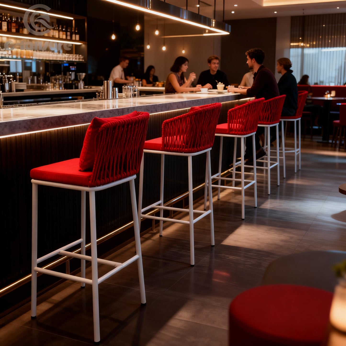 2-Piece Outdoor Rope Bar Stool Set – High-Back, Red, Weather-Resistant Patio & Balcony Chair || Out Area Furniture