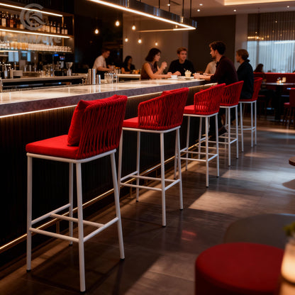 2-Piece Outdoor Rope Bar Stool Set – High-Back, Red, Weather-Resistant Patio & Balcony Chair || Out Area Furniture