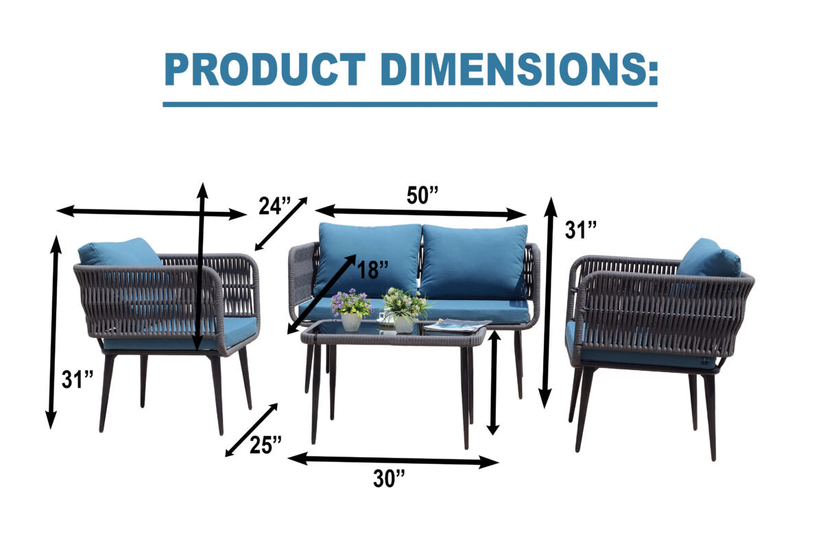 4-Piece Outdoor Rope Sofa Set – Gray Cushions, Waterproof Patio & Garden Furniture || OUT AREA FURNITURE