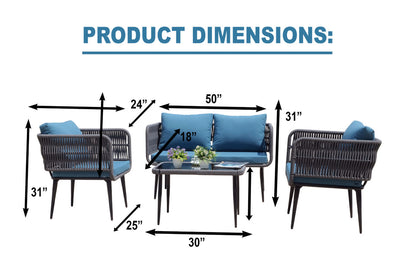 4-Piece Outdoor Rope Sofa Set – Gray Cushions, Waterproof Patio & Garden Furniture || OUT AREA FURNITURE