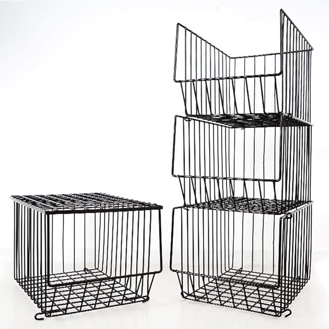 Stackable Rolling Metal Wire Basket With Wheels And Cover In black (4 Tier) For Kitchen Decor