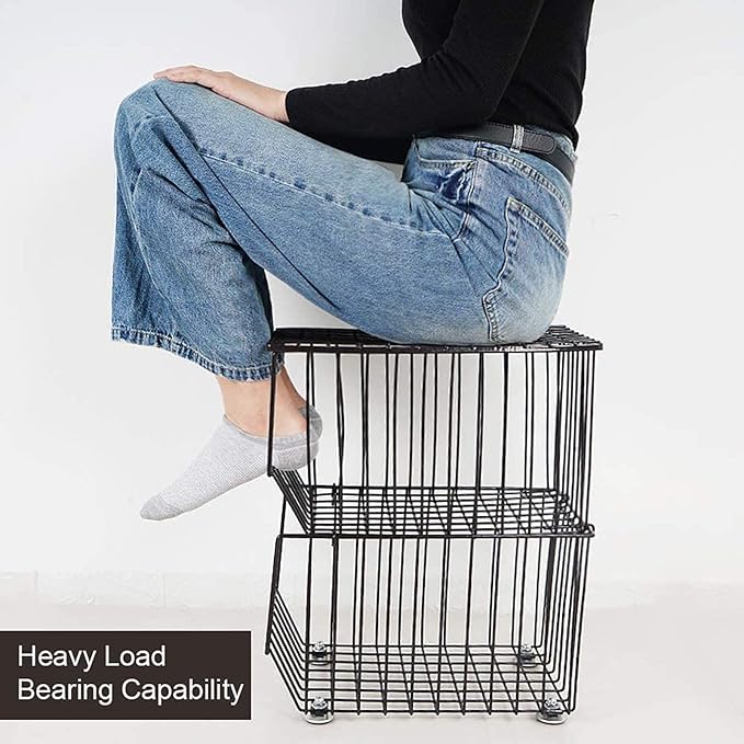 Stackable Rolling Metal Wire Basket With Wheels And Cover In black (4 Tier) For Kitchen Decor