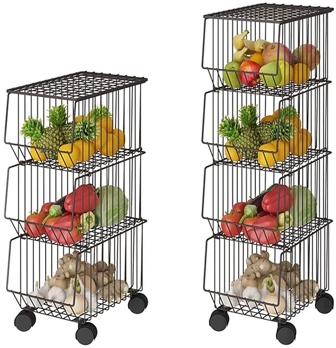 Stackable Rolling Metal Wire Basket With Wheels And Cover In black (4 Tier) For Kitchen Decor