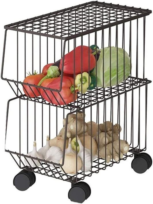 Stackable Rolling Metal Wire Basket With Wheels And Cover (2 Tier) In black For Kitchen Decor