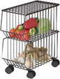 Stackable Rolling Metal Wire Basket With Wheels And Cover (2 Tier) In black For Kitchen Decor