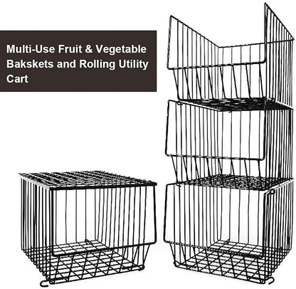 Stackable Rolling Metal Wire Basket With Wheels And Cover In black (4 Tier) For Kitchen Decor