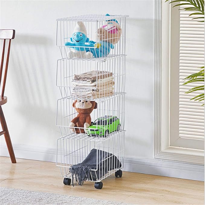 Stackable Rolling Metal Wire Basket With Wheels And Cover In White (4 Tier) For Kitchen Decor