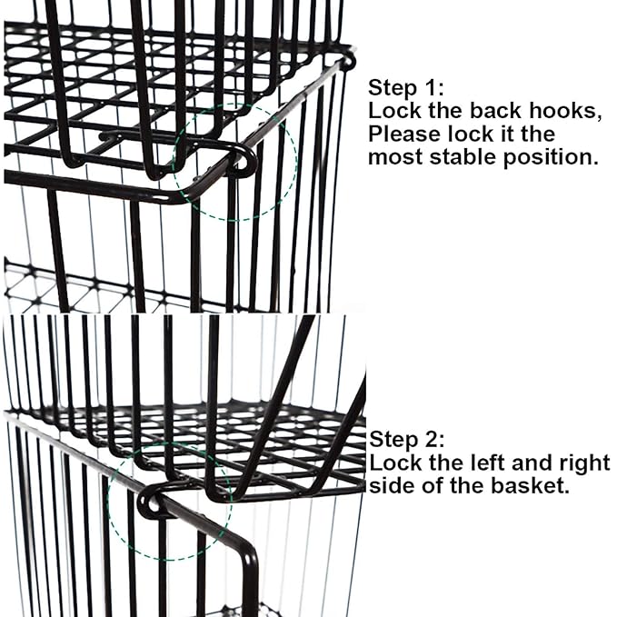 Stackable Rolling Metal Wire Basket With Wheels And Cover (2 Tier) In black For Kitchen Decor