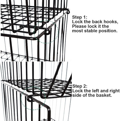 Stackable Rolling Metal Wire Basket With Wheels And Cover (2 Tier) In black For Kitchen Decor