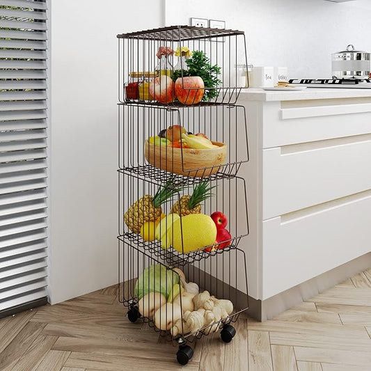 Stackable Rolling Metal Wire Basket With Wheels And Cover In black (4 Tier) For Kitchen Decor