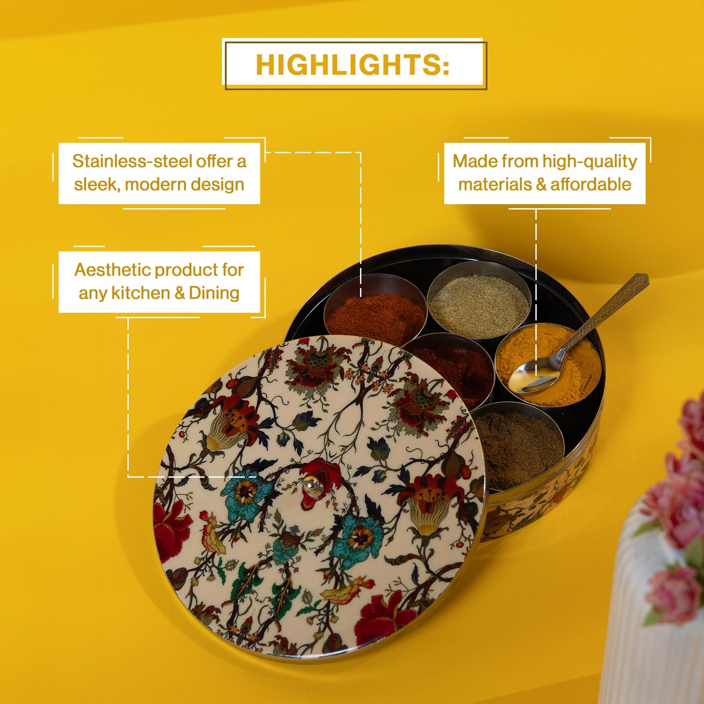 Stainless Steel Round Spice Box Masala Box Dabba for Kitchen Decor-Peach Floral Prints Pattern