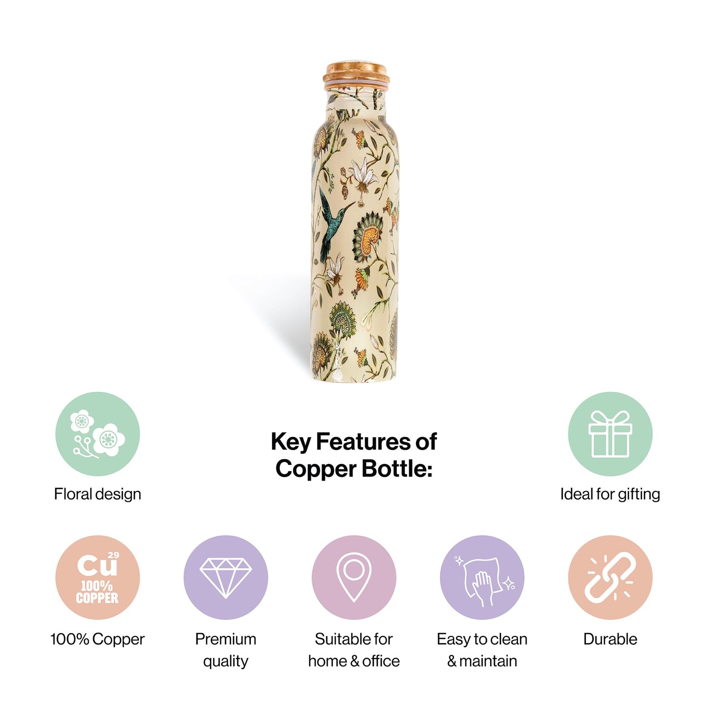 Meenakari Printed Copper Water Bottle 1 Litre for Kitchen Decor