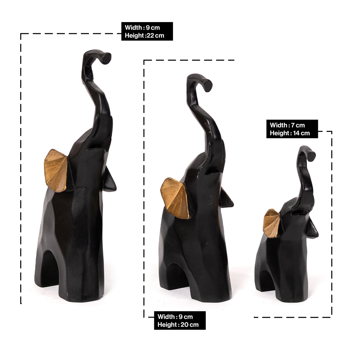 Elephants Statue Geometric black for Home Decor-Set of 3