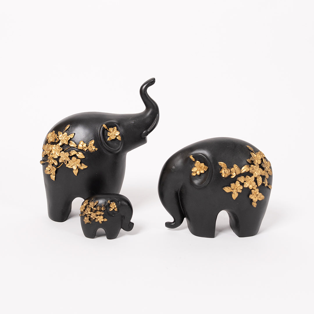 Polyresin Black Golden Elephant Statue Figurine for Home Decor-Family Set of 3