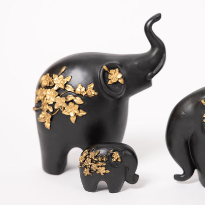 Polyresin Black Golden Elephant Statue Figurine for Home Decor-Family Set of 3