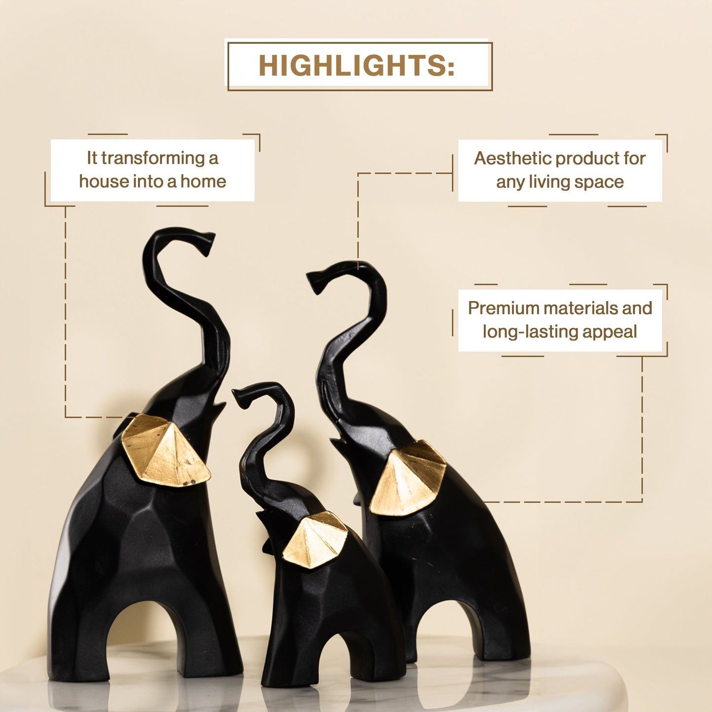 Elephants Statue Geometric black for Home Decor-Set of 3