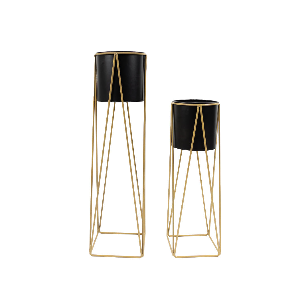 Triangle Planter Stand in Black and Golden-Set of 2