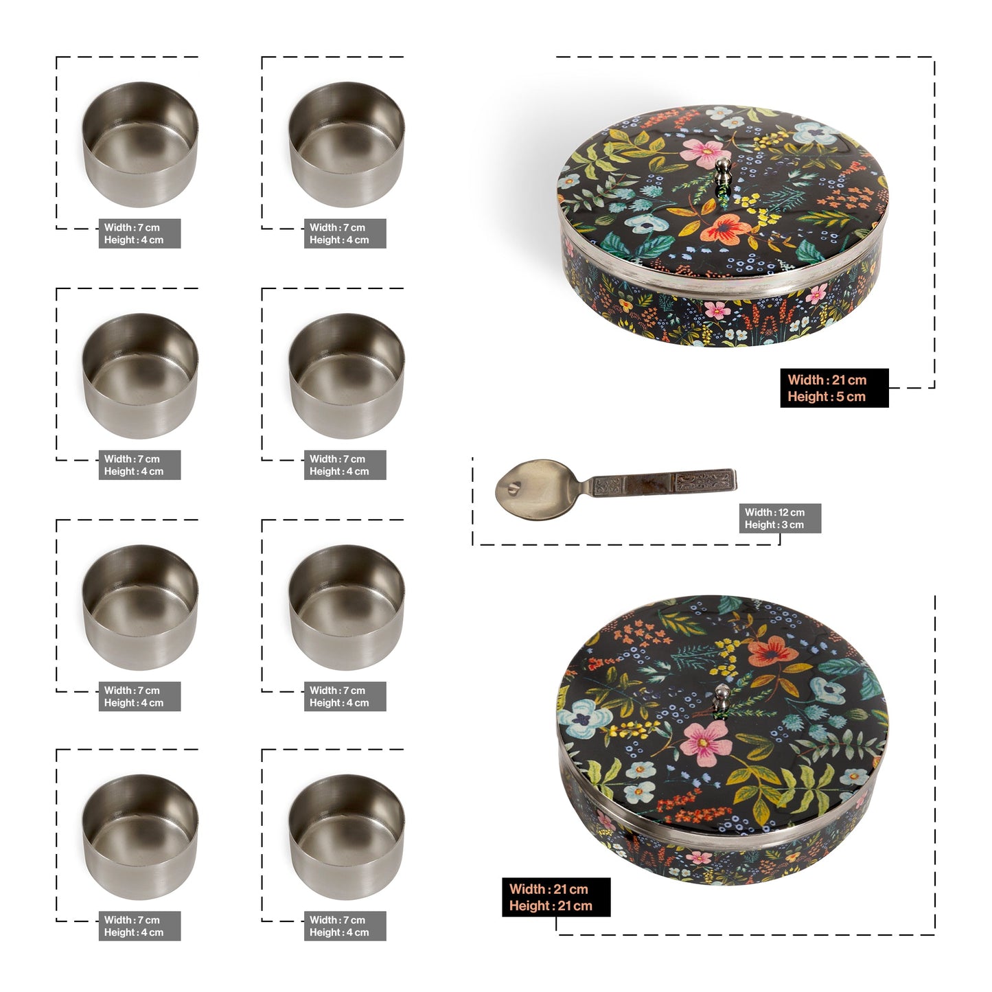 Stainless Steel Round Spice Box Masala Box Dabba for Kitchen Decor-Timberwolf Prints Pattern