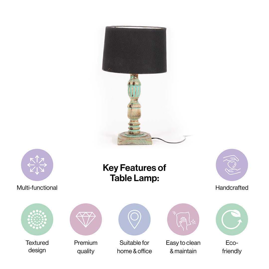 Wooden Piller Table Lamp with Light Blue Shade