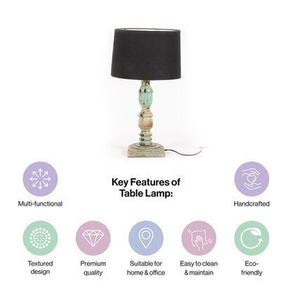 Wooden Piller Table Lamp with Light Blue Shade