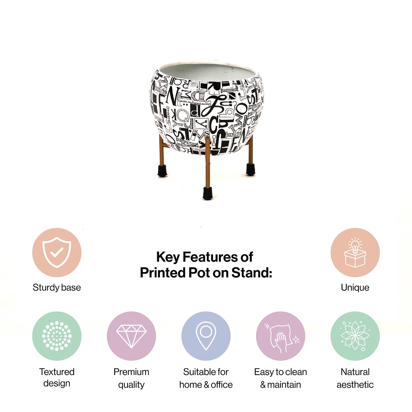 Round Iron Metal Meena Pots with Iron Stand in Black Design