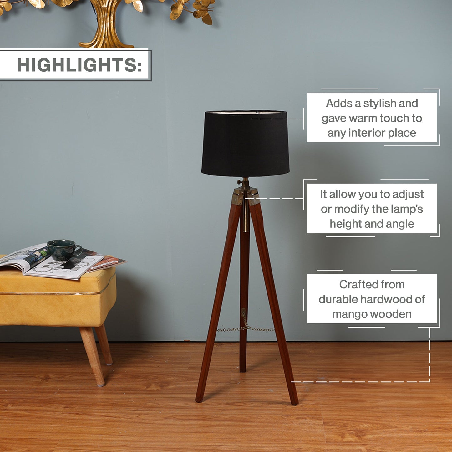 Wooden Crafter Tripod Floor Lamp With Brown Finish