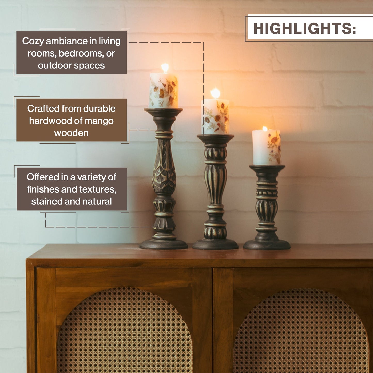 Wooden Candle Holders Handcrafted Stand For Home Decor-Set of 3