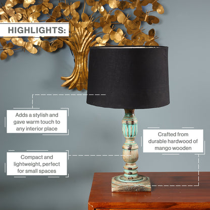 Wooden Piller Table Lamp with Light Blue Shade