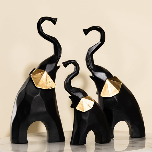 Elephants Statue Geometric black for Home Decor-Set of 3