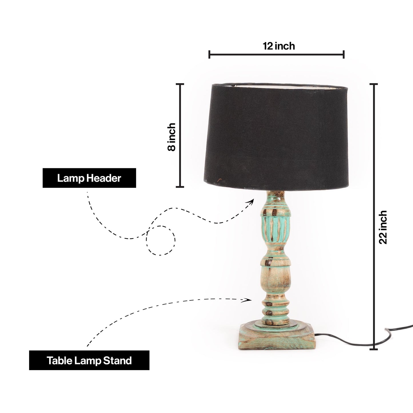 Wooden Piller Table Lamp with Light Blue Shade