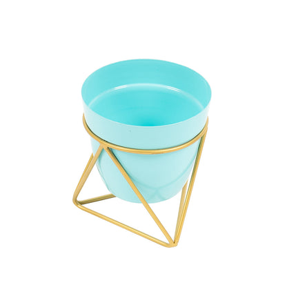 Single Golden Metal Pot Plant Stand In Horizon Blue