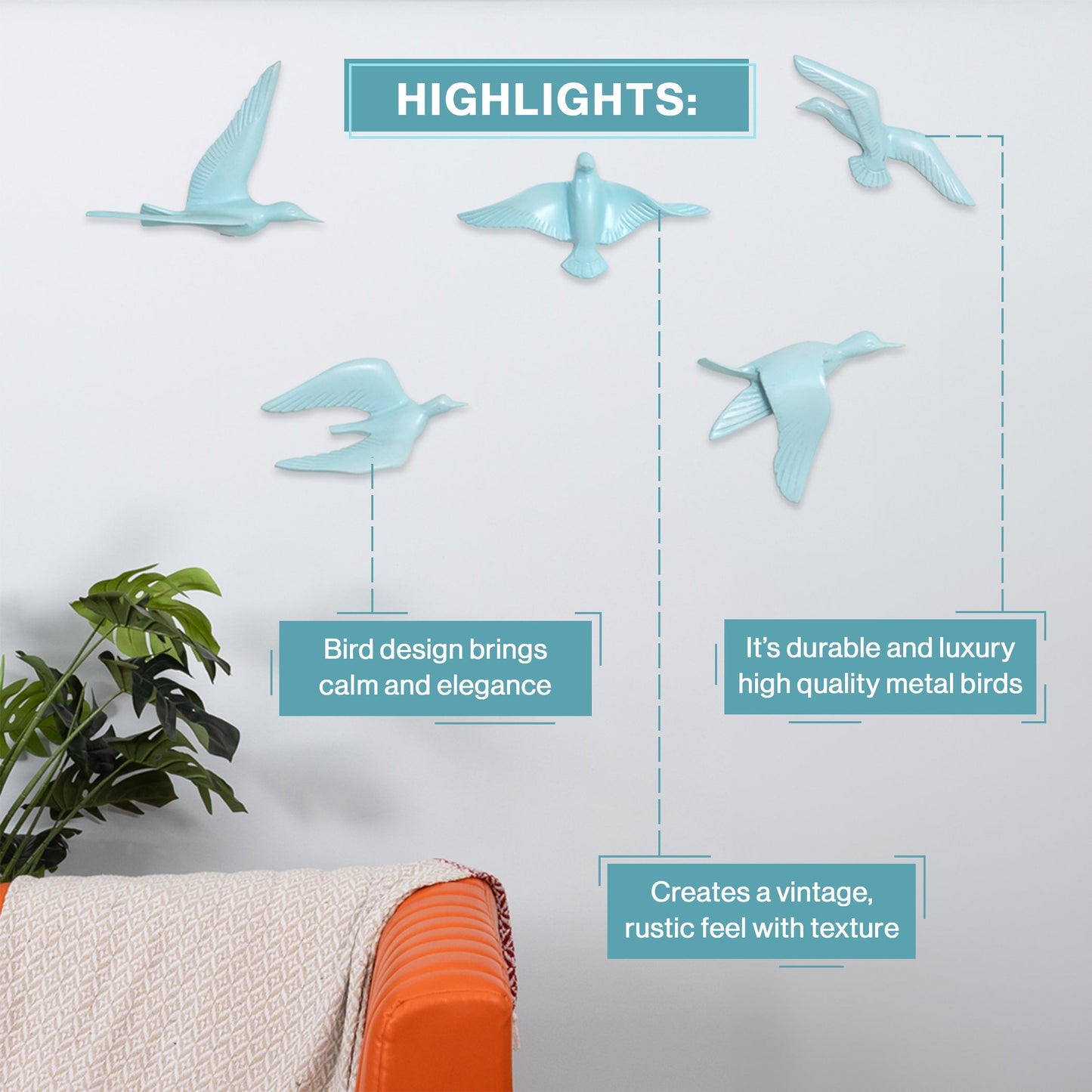 Resin Flying Birds Wall Hanging In Horizon Blue (Set Of 5)