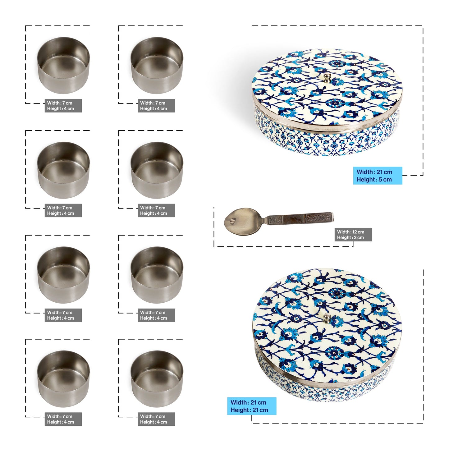 Stainless Steel Round Spice Box Masala Box Dabba for Kitchen Decor-Wild Floral Prints Pattern