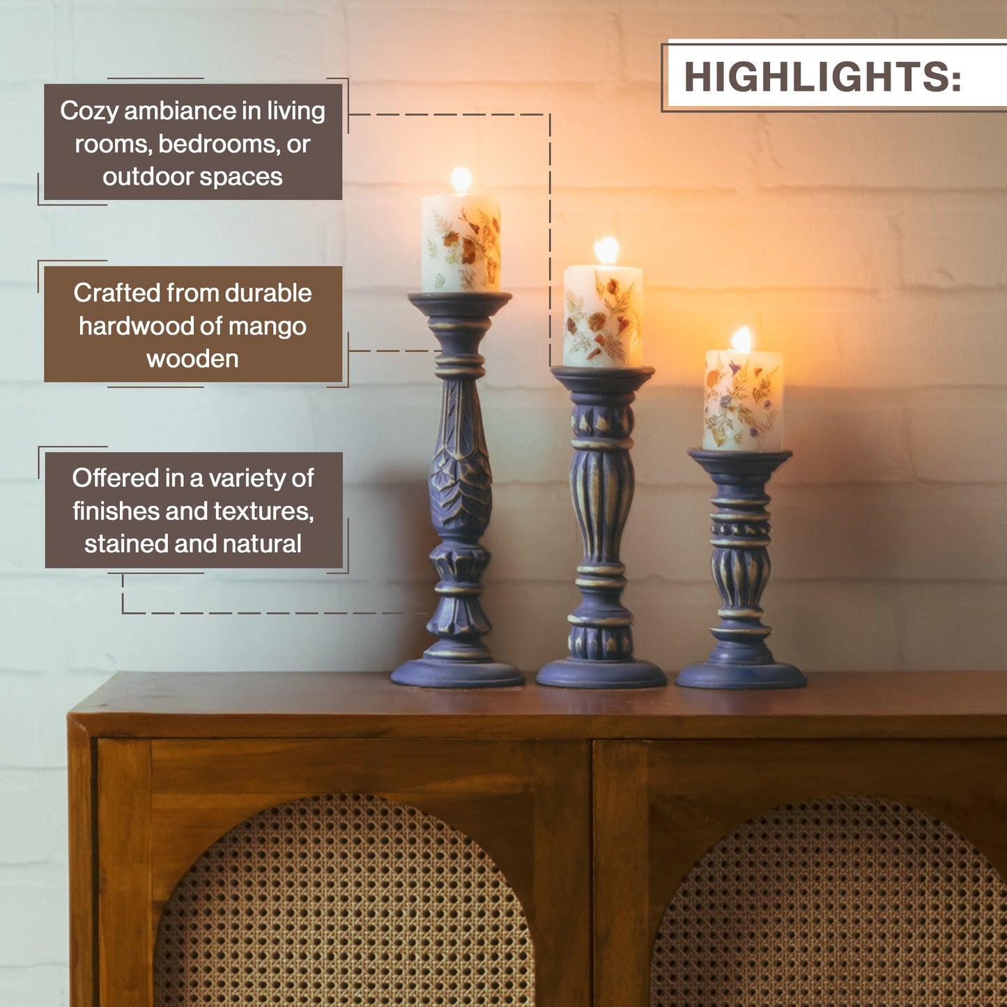 Wooden Candle Holders Handcrafted Stand For Home Decor-Set of 3