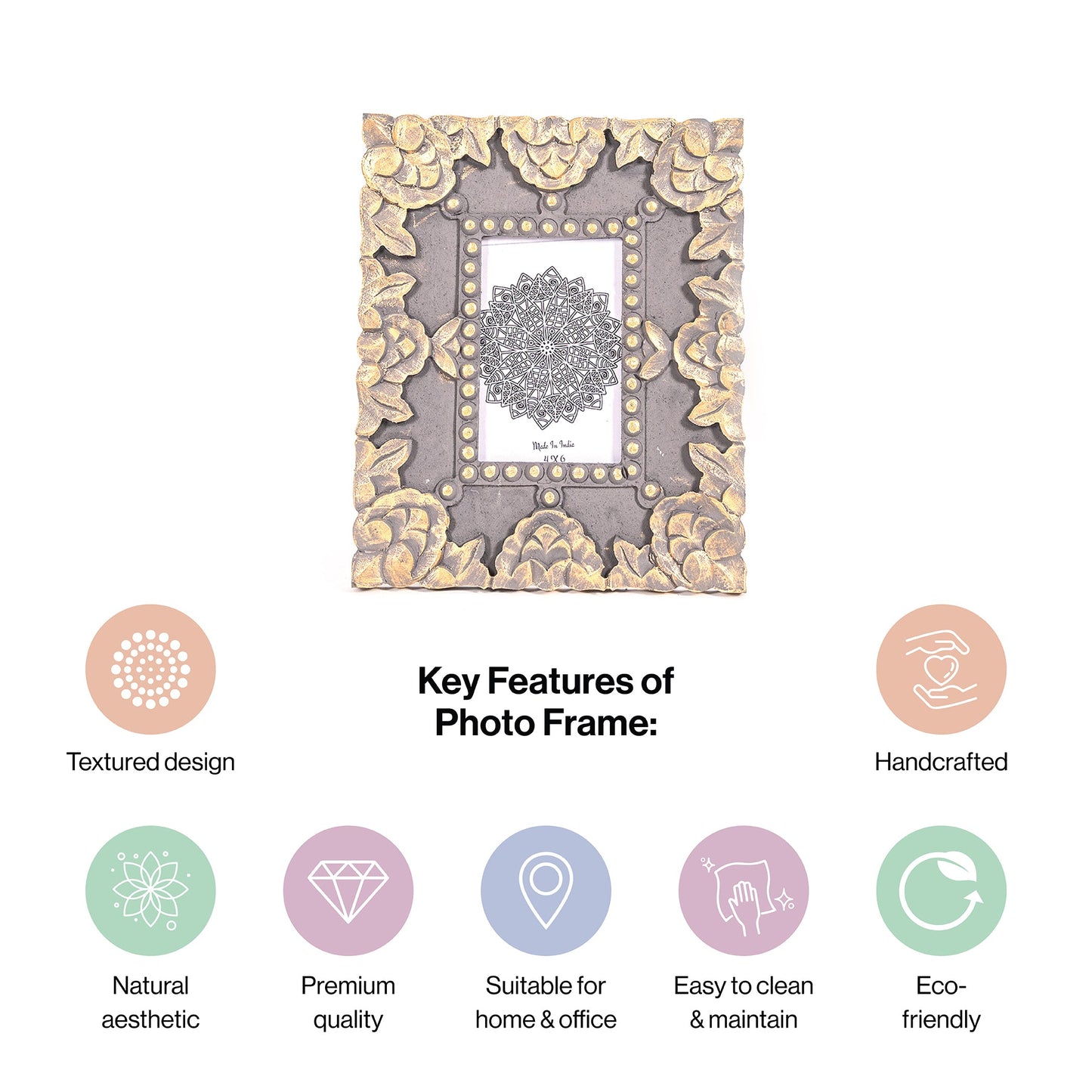 Handcarved Wooden Flower Photo Frame